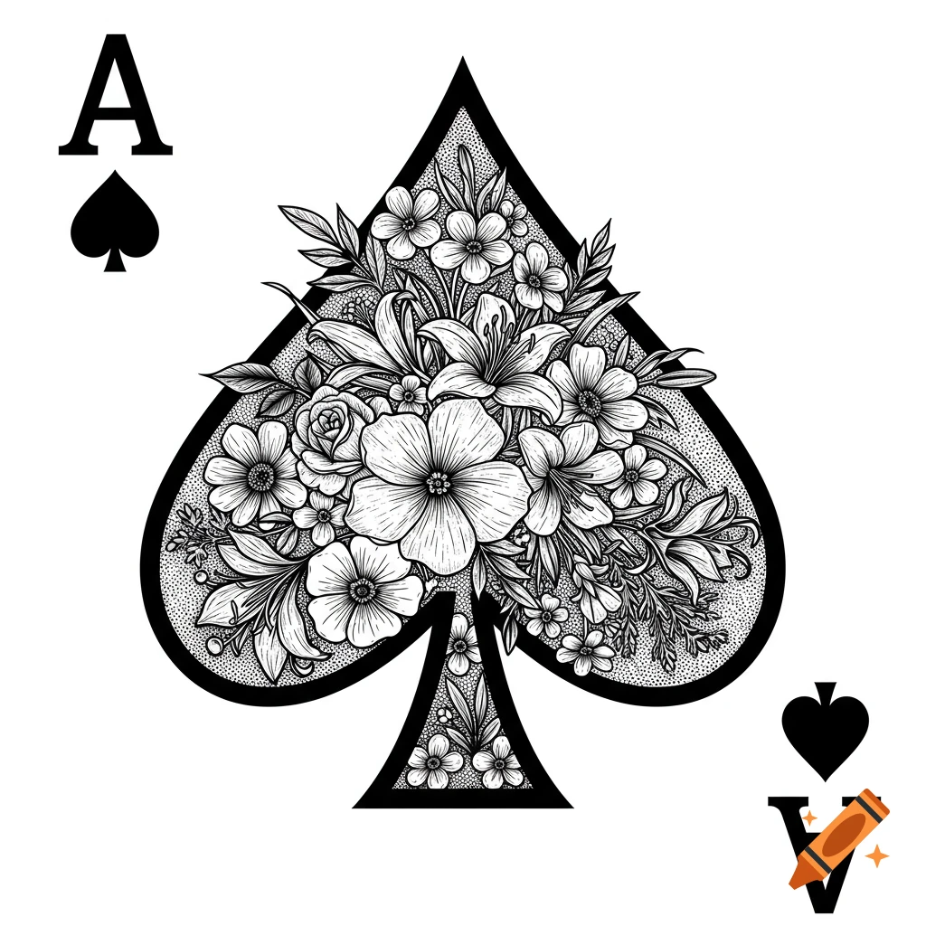 Black and white illustration of an ace of spades card symbol filled with detailed botanical flowers.