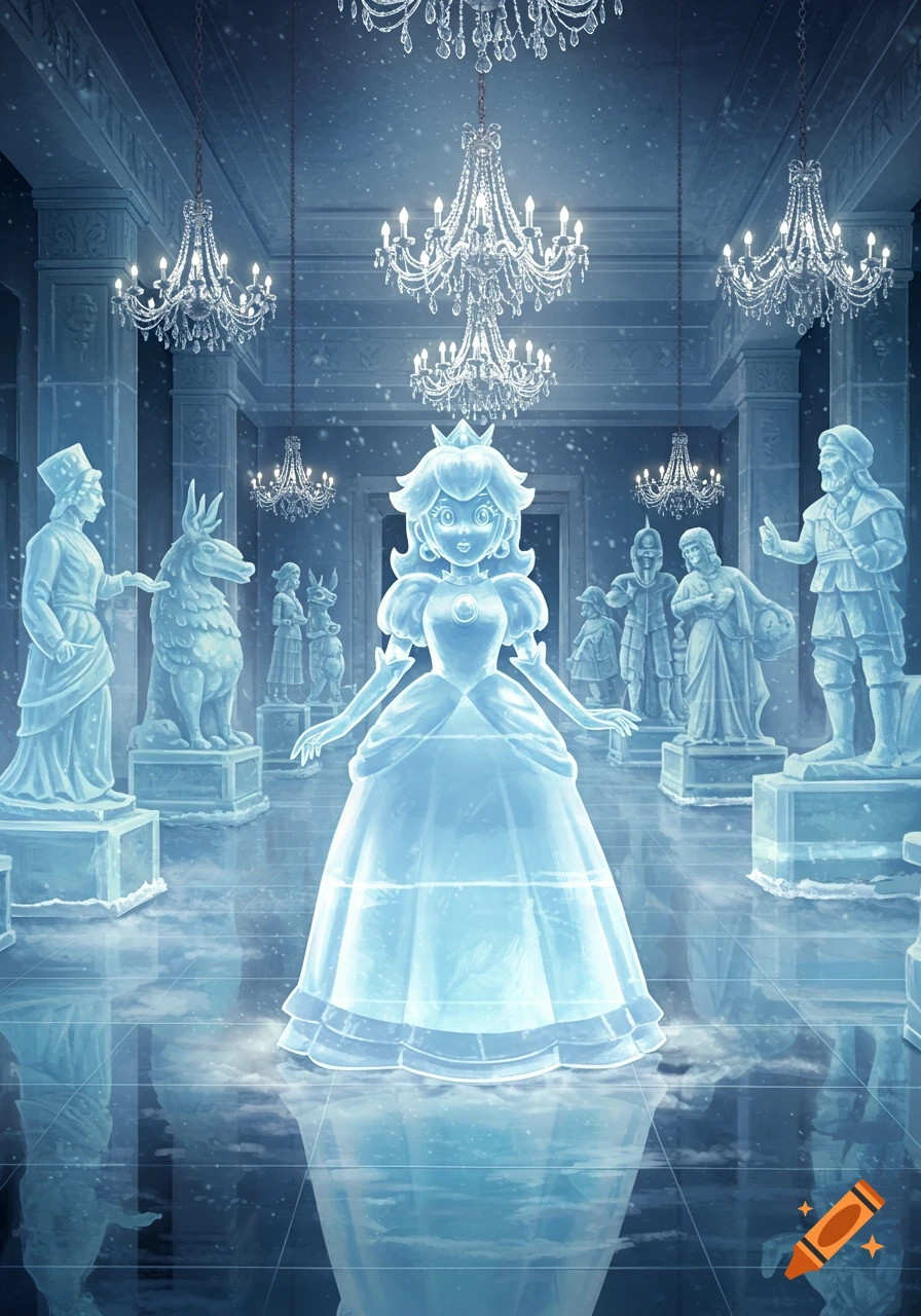 A glowing Princess Peach ice statue stands in a grand, ornate hall filled with other ice statues and sparkling chandeliers. Snow falls inside.