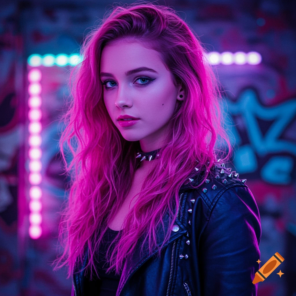 A young woman with long vibrant pink hair, a studded leather jacket, and a spiked choker against a neon-lit background.