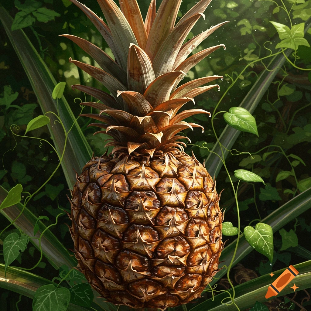 A close-up of a ripe pineapple with brownish-gold skin and green leaves, set against a dark green jungle background with vines.