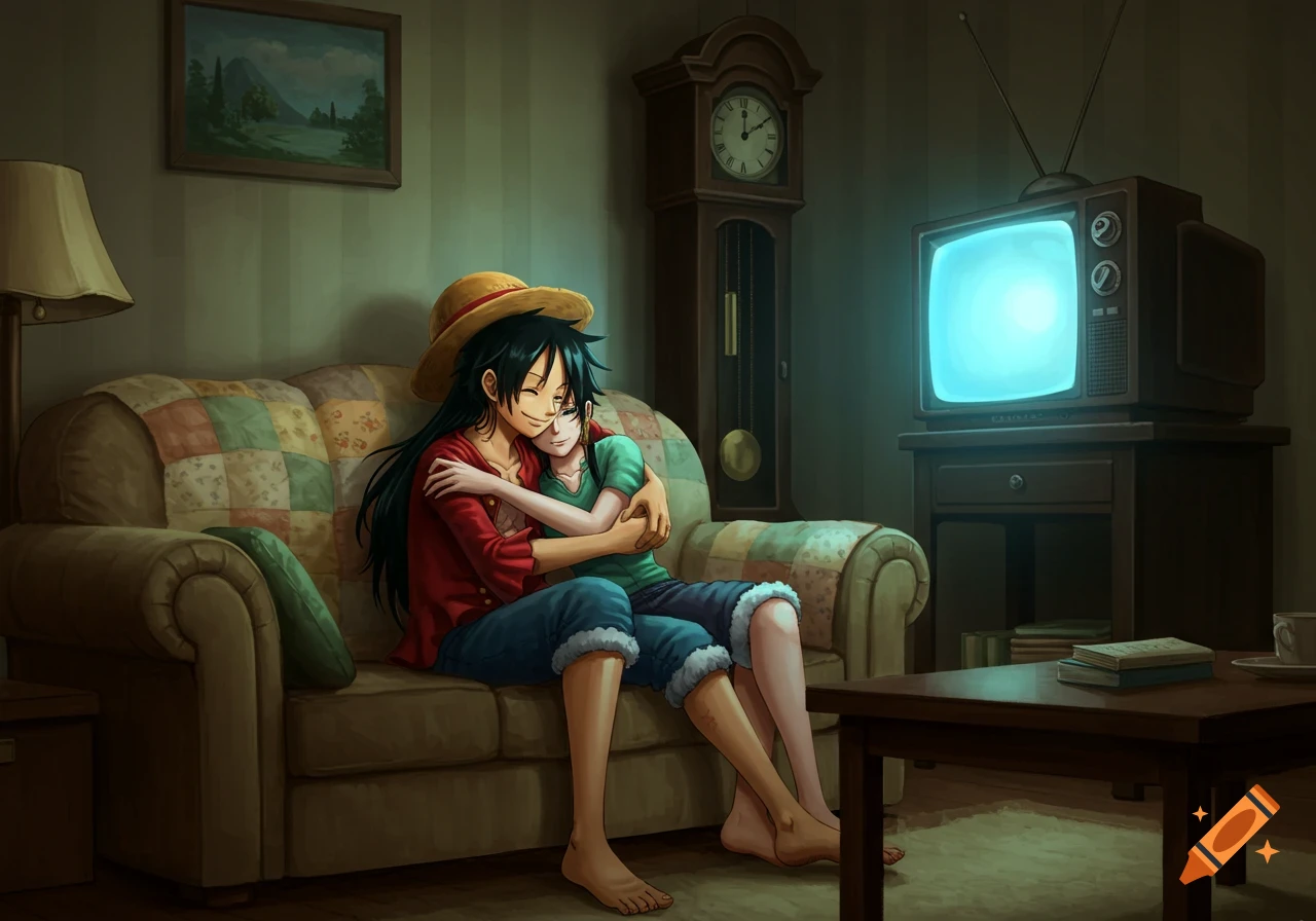 Anime characters Luffy and Hancock cuddle on a couch in a cozy room, watching a retro TV.