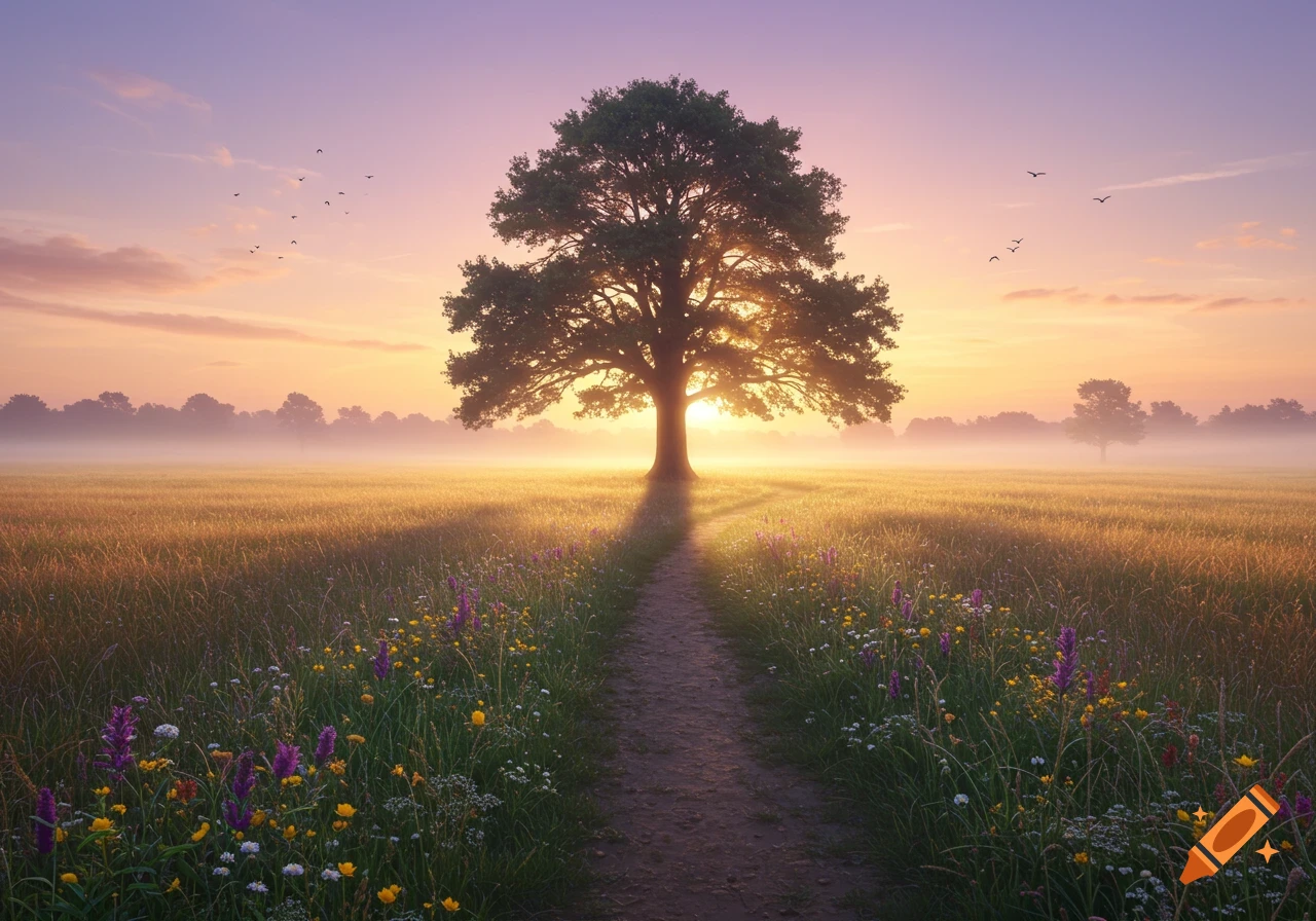 A path leads through a field of wildflowers toward a large tree silhouetted against a misty, vibrant orange and purple sunrise.
