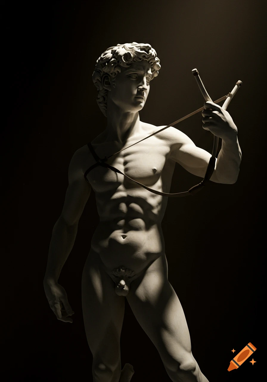 A dramatically lit marble statue of David, holding a slingshot, in the style of Caravaggio.