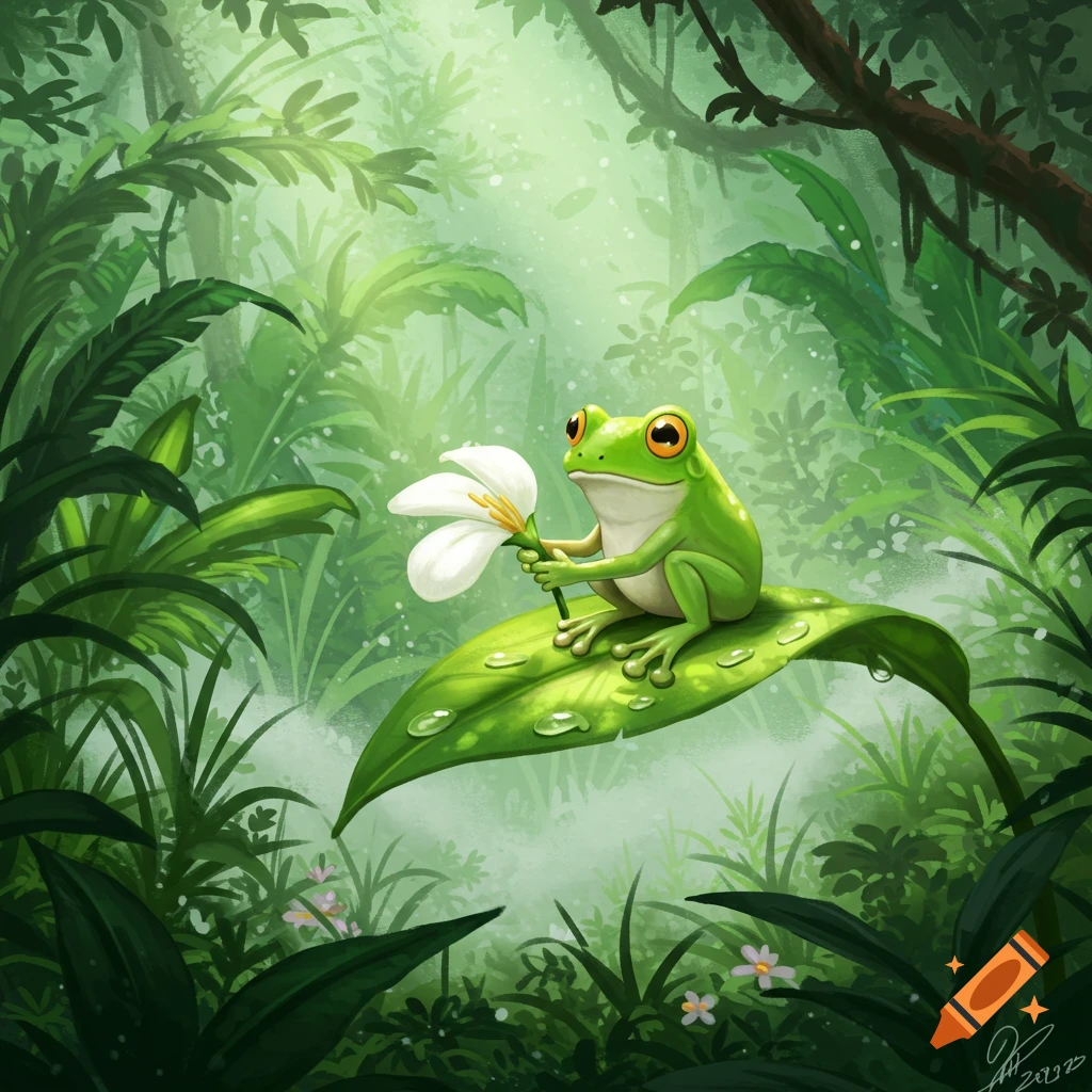 A cute green frog sitting on a large leaf in a vibrant rainforest, holding a white flower. Illustrated.