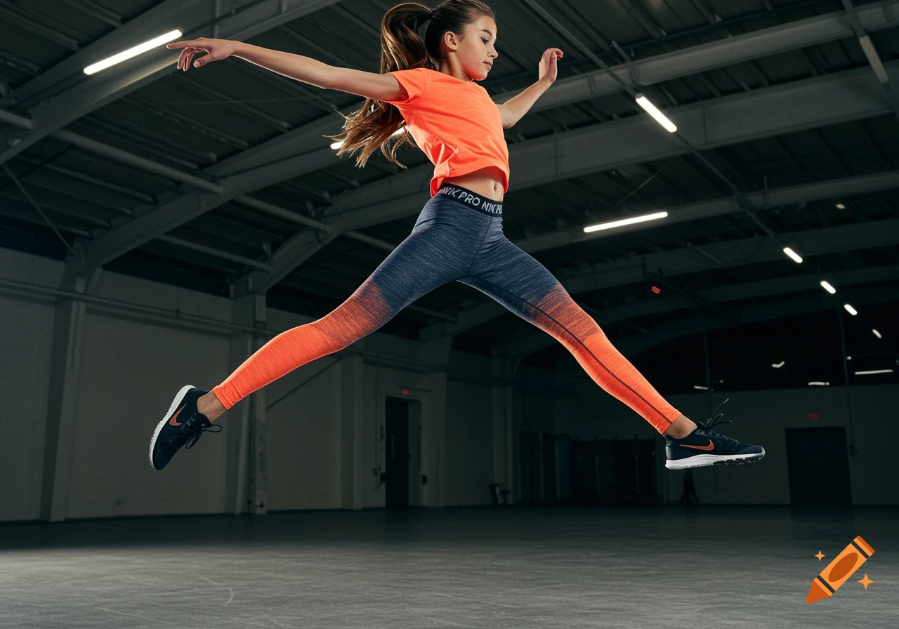 A young girl in an orange crop top and blue and orange gradient leggings jumps with arms outstretched in a large indoor space.