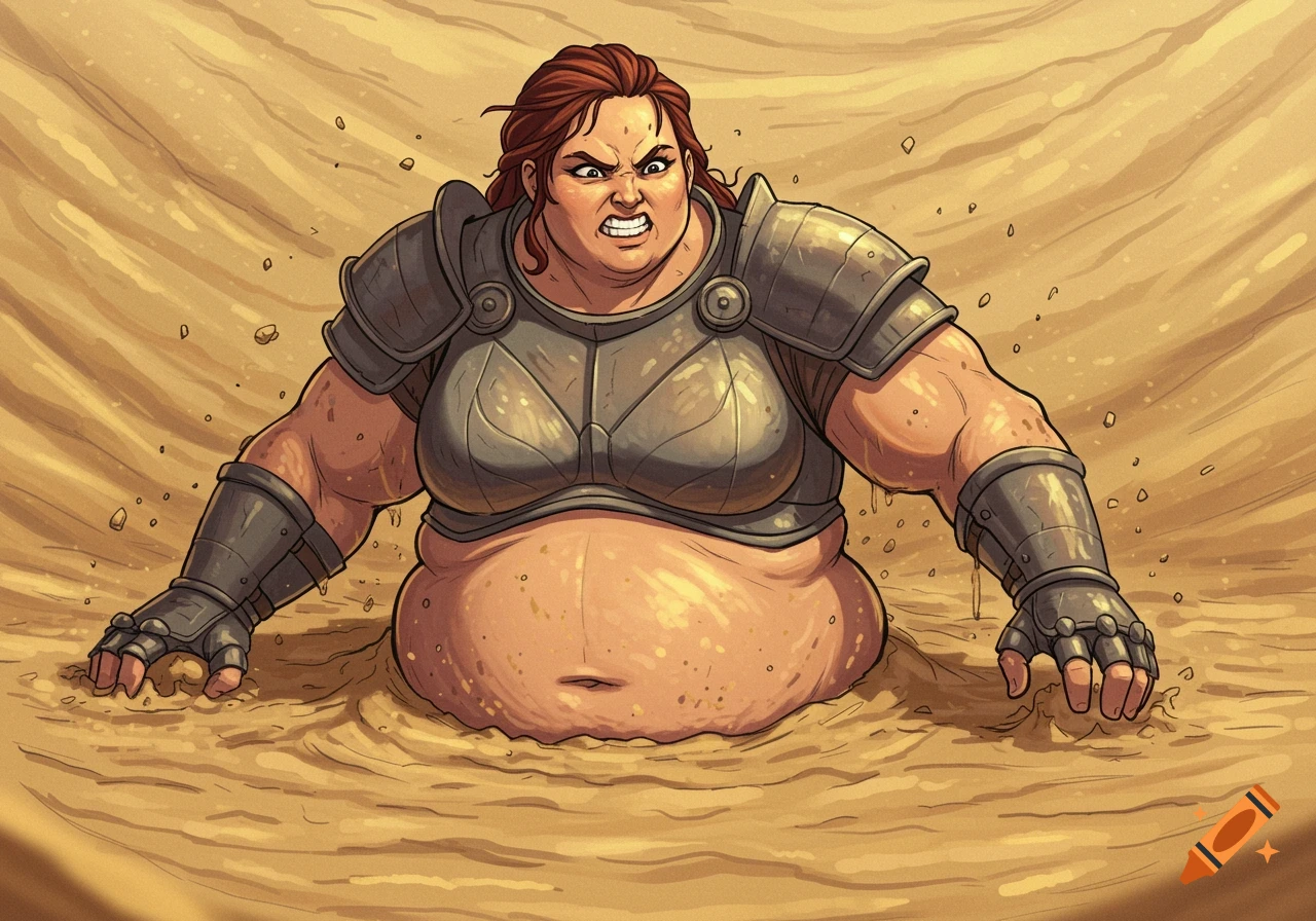 An armored, curvy woman with a determined expression struggles to pull herself out of quicksand.