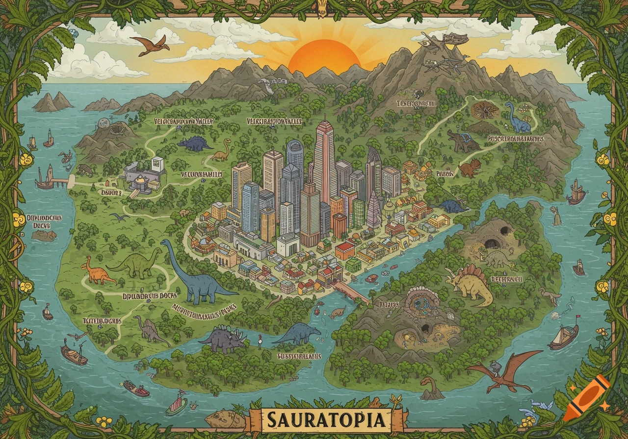 A colorful cartoon map of Sauratopia, a city inhabited by dinosaurs, surrounded by mountains, rivers, and an ocean with ships. The map features various landmarks and dinosaur species.