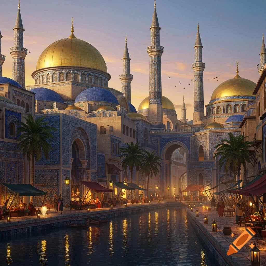 A grand cityscape with golden-domed mosques and minarets reflected in a canal, with bustling market stalls along the banks at sunset.
