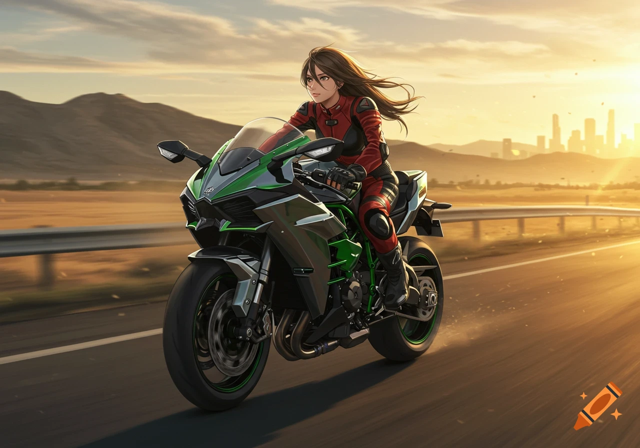 Anime girl in a red racing suit riding a green and black motorcycle on a desert road at sunset, with a city skyline in the distance.