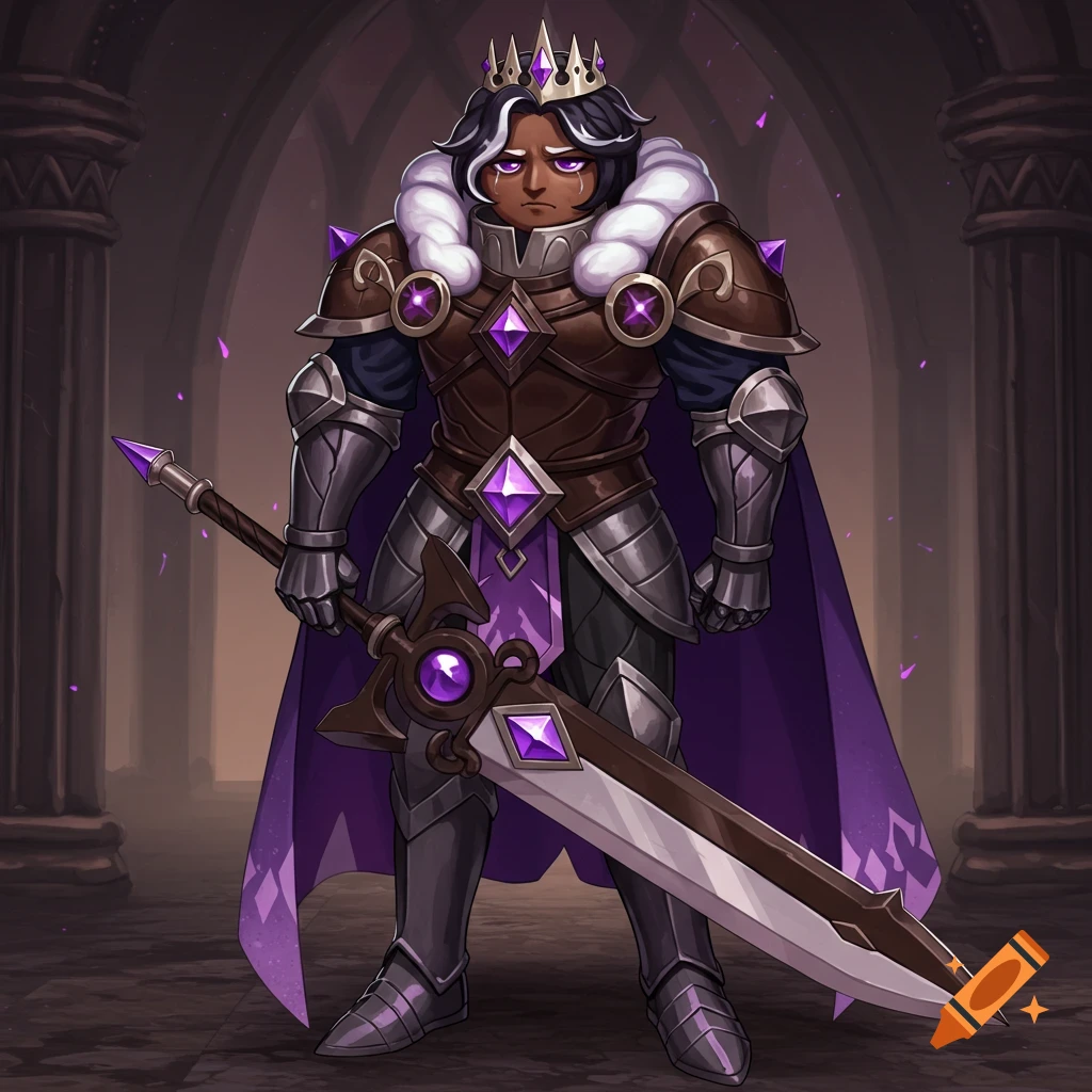 A dark-skinned warrior king in elaborate purple and brown armor, with a crown and large sword, stands in a gothic hall.