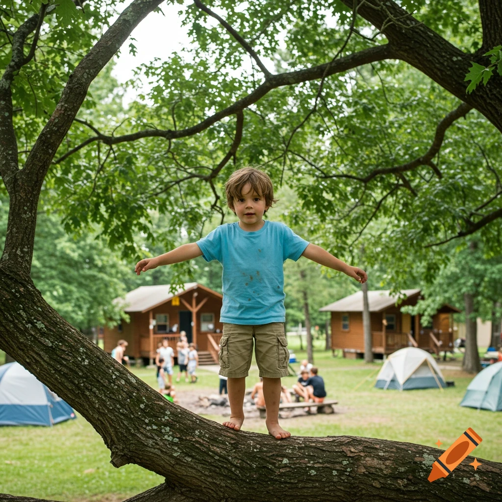A young boy stands barefoot on a thick tree branch with arms outstretched at a summer camp with cabins and tents in the background.