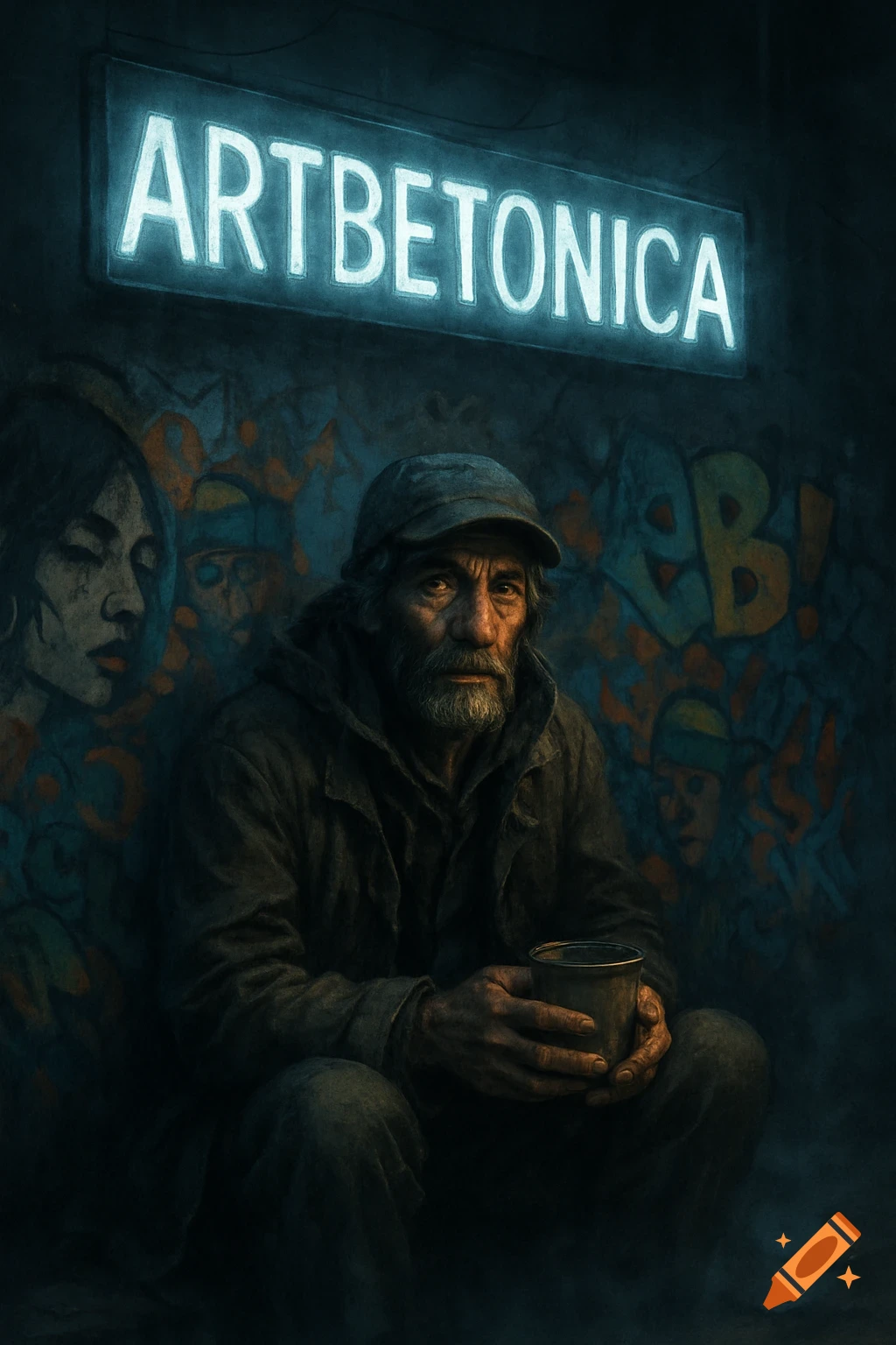 A bearded man in a cap sits in a dark, gritty urban setting, holding a cup, beneath a glowing 'ARTBETONICA' sign. Realistic style.