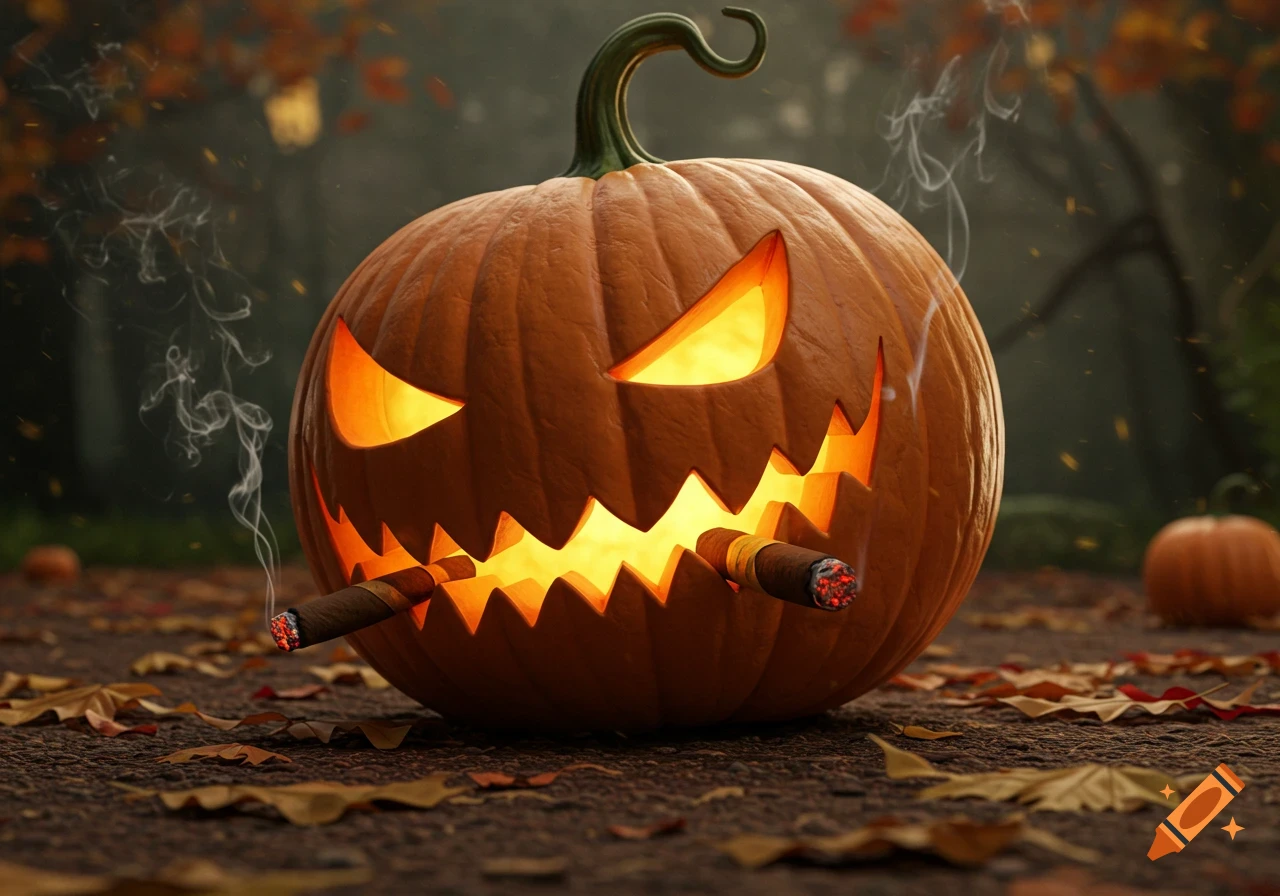 A glowing jack-o'-lantern with a sinister grin holds two lit cigars in its mouth, surrounded by autumn leaves in a dark, atmospheric forest.