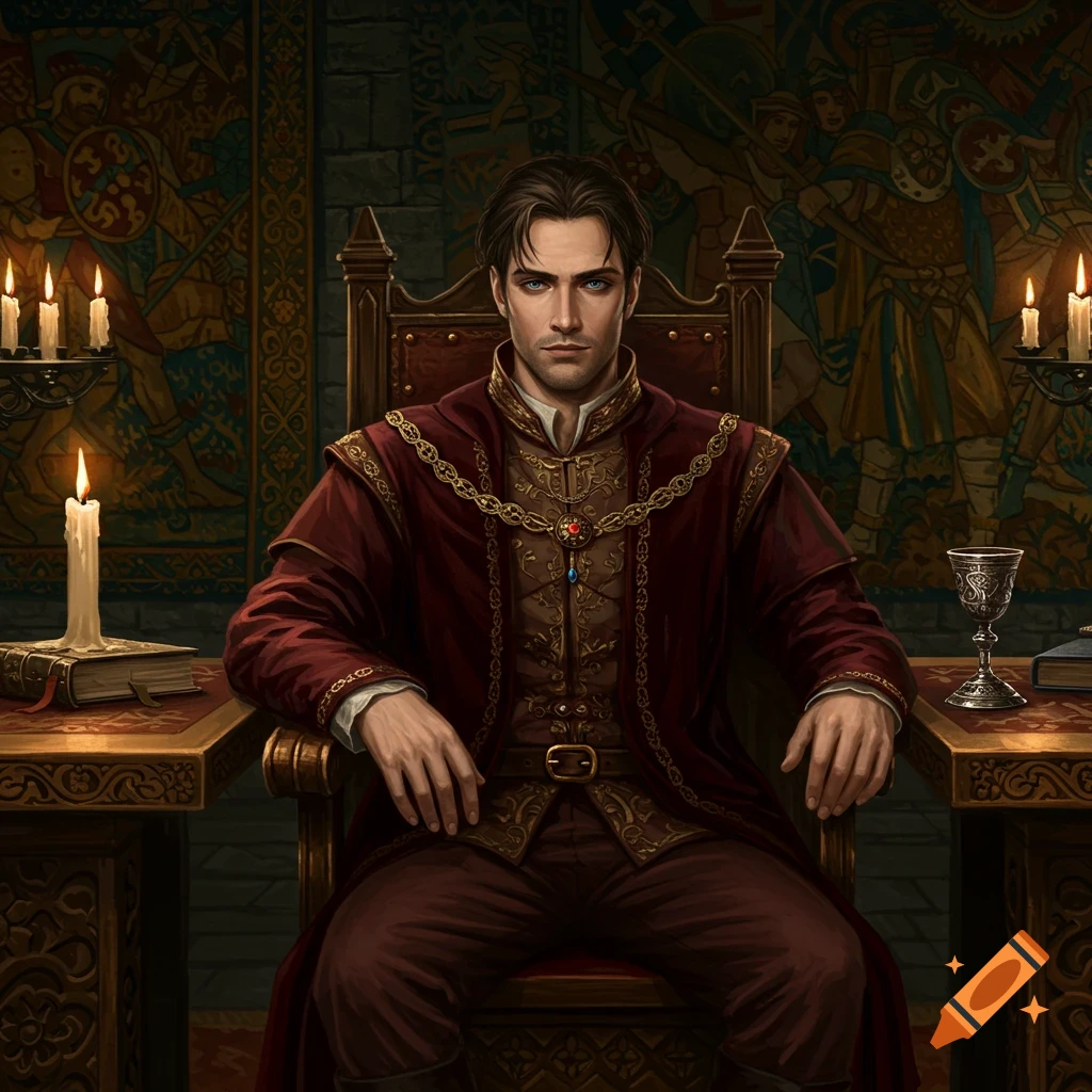 A stern-faced man with dark hair and blue eyes, dressed in elaborate red and gold noble attire, sits on a throne in a dimly lit, richly decorated hall.