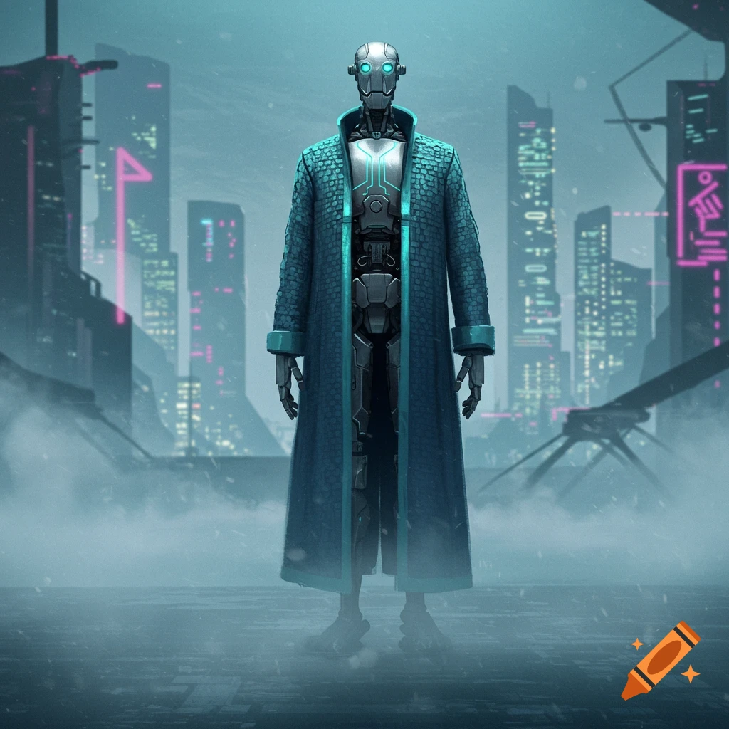 A metallic robot in a long blue coat stands in a foggy, futuristic city with neon lights.