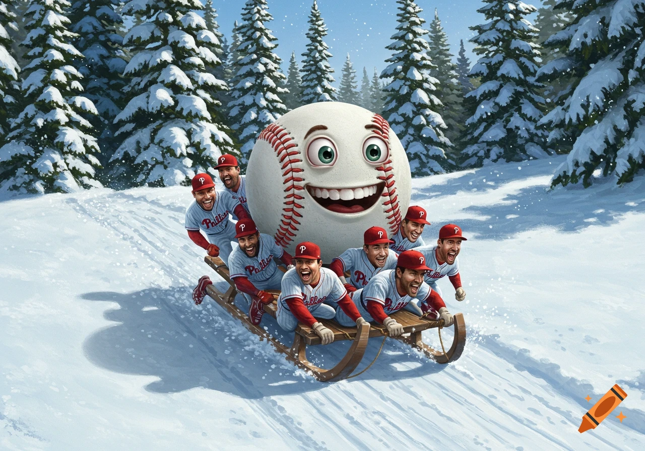 A large cartoon baseball with a face sledding down a snowy hill on a toboggan pulled by baseball players in Phillies uniforms, surrounded by snow-covered trees.