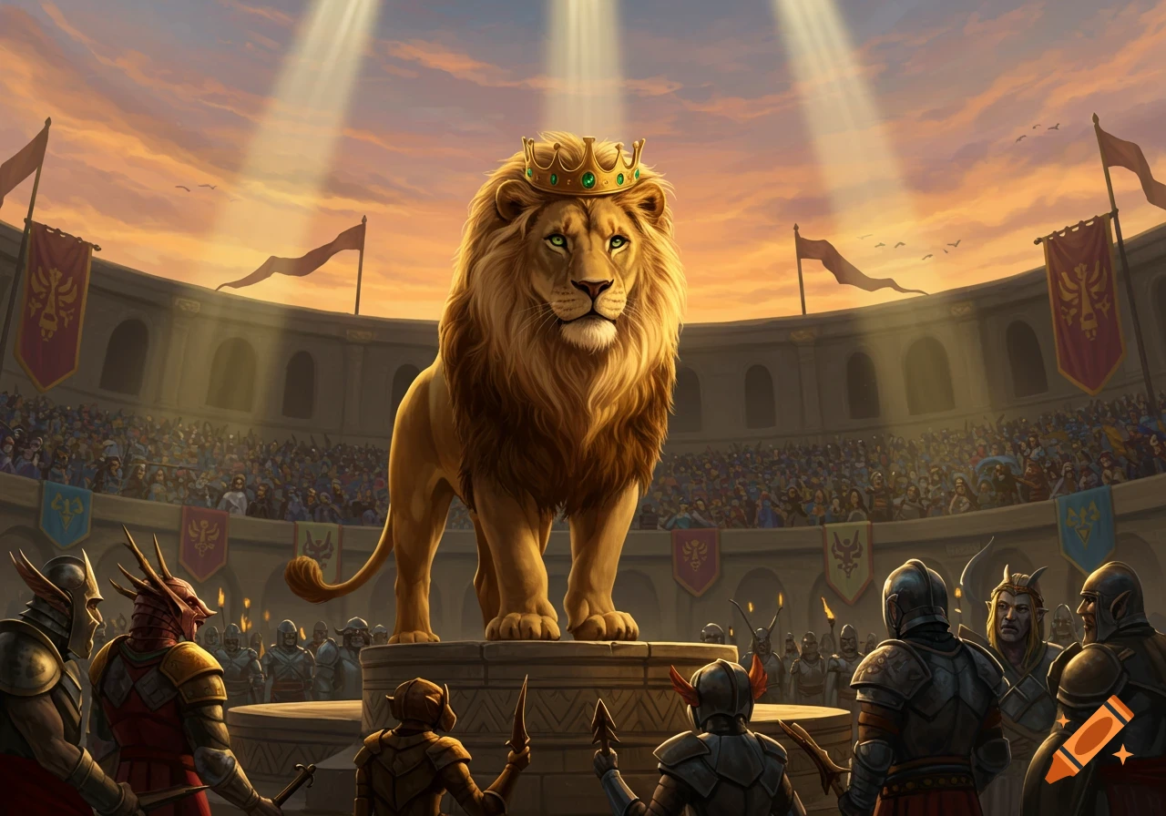 A majestic crowned lion stands on a pedestal in a large ancient arena, surrounded by spectators and armored warriors, under a dramatic sky with light rays.