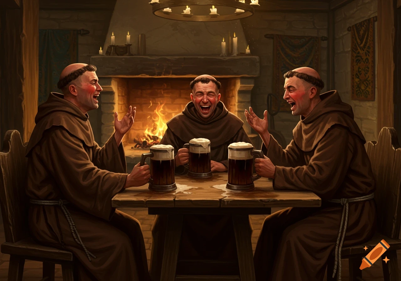 Three laughing monks in brown robes sit at a wooden table holding tankards of beer in a rustic tavern setting with a roaring fireplace.
