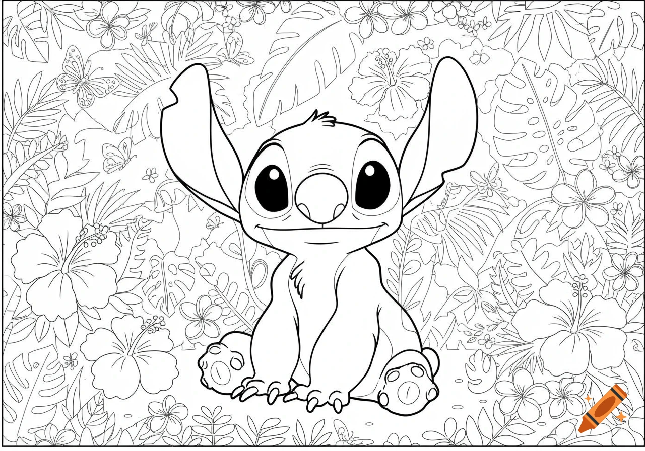 Stitch sitting among tropical leaves, hibiscus flowers, and butterflies in a black and white coloring page style.