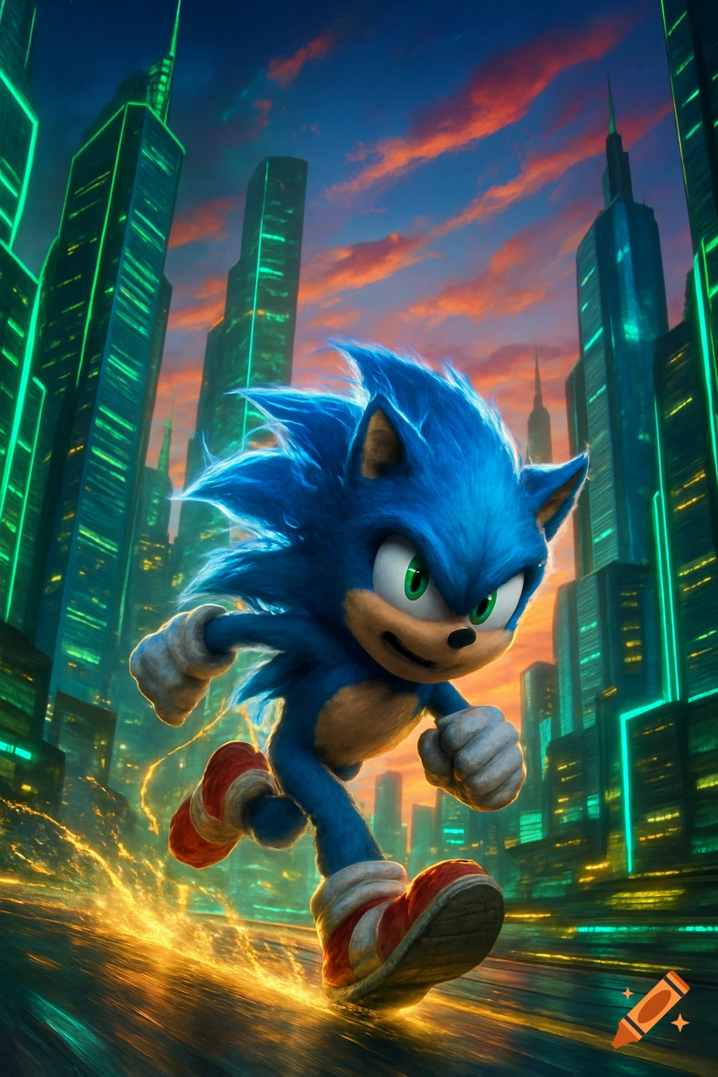 A vibrant image of Sonic the Hedgehog speeding through a futuristic city at sunset, leaving a trail of glowing energy.