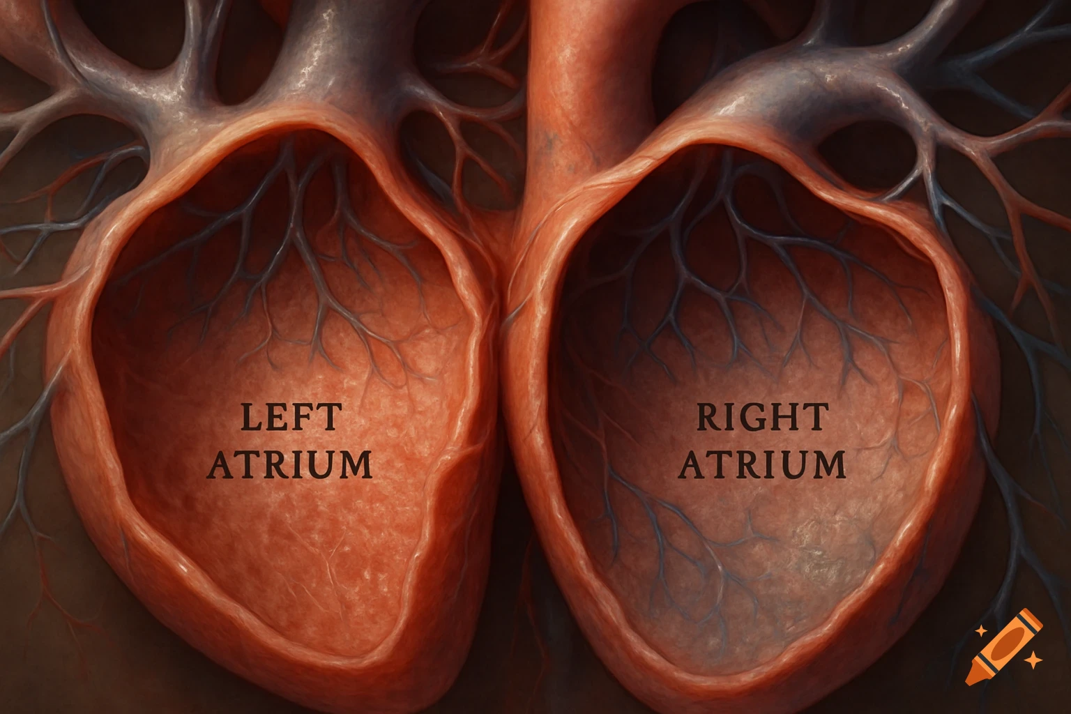 Detailed illustration of the inside of the left and right human heart atria, labeled 'LEFT ATRIUM' and 'RIGHT ATRIUM'.
