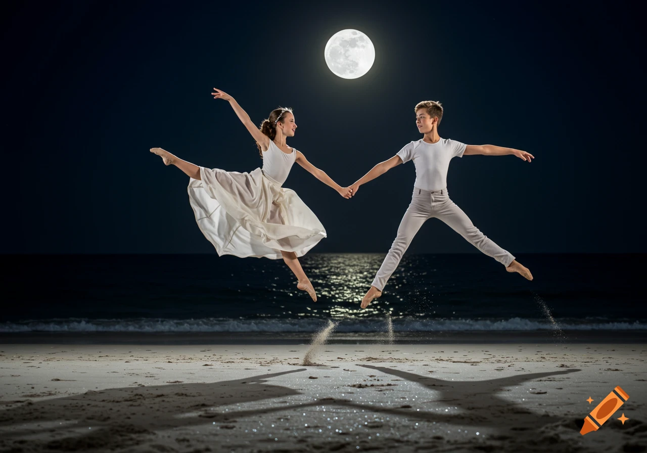 Two young ballet dancers leap in unison on a moonlit beach, kicking up sand.