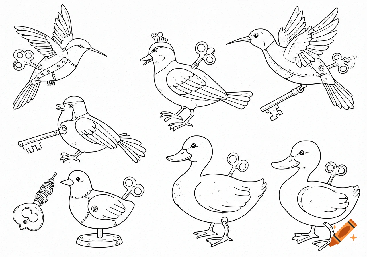 Black and white line drawings of various wind-up birds and ducks with attached keys, suitable for coloring.