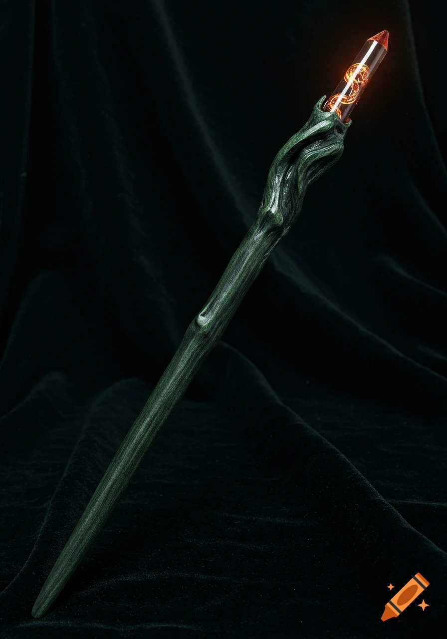 An ultra-realistic photograph of a dark green fantasy wand with a glowing golden-red crystal tip, resting on a dark velvet cloth.
