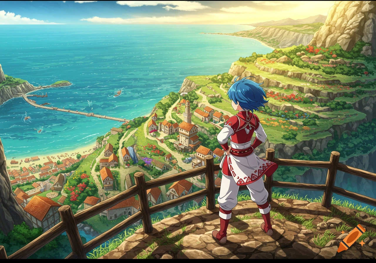 An anime character with blue hair in a red and white outfit stands on a stone wall overlooking a village and the sea under a bright sky.
