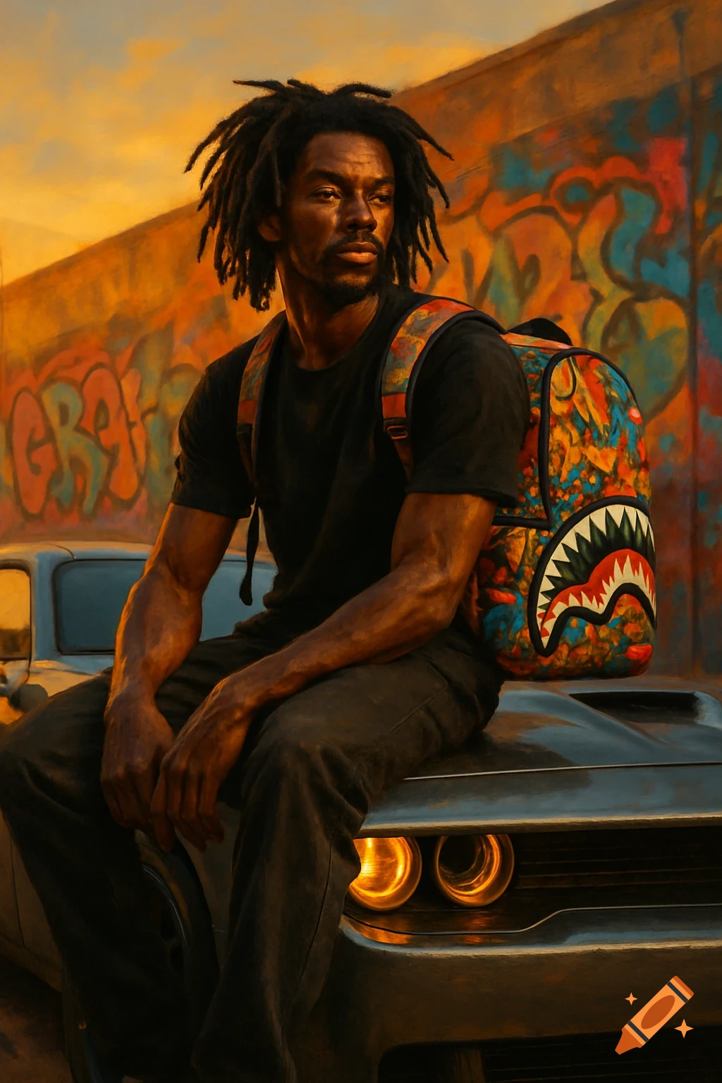 Photorealistic image of a man with dreadlocks and a colorful backpack sitting on a car, with graffiti on a wall in the background at sunset.