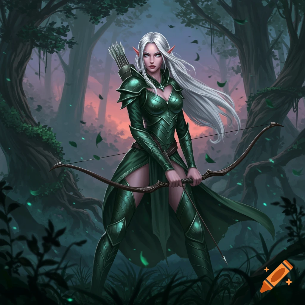 A white-haired female elf warrior with pointed ears, wearing green armor, holds a bow in a mystical forest setting.