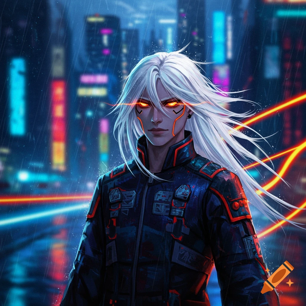 Anime male character with long white hair and glowing orange eyes in a dark, rainy cyberpunk city, with neon light trails.