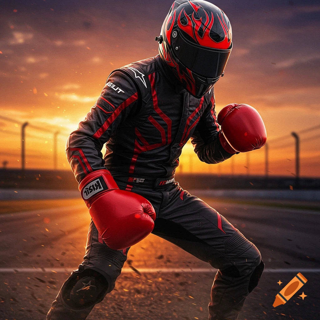 A person in a black and red racing suit and helmet with flame decals, wearing red boxing gloves, standing aggressively on a race track at sunset.