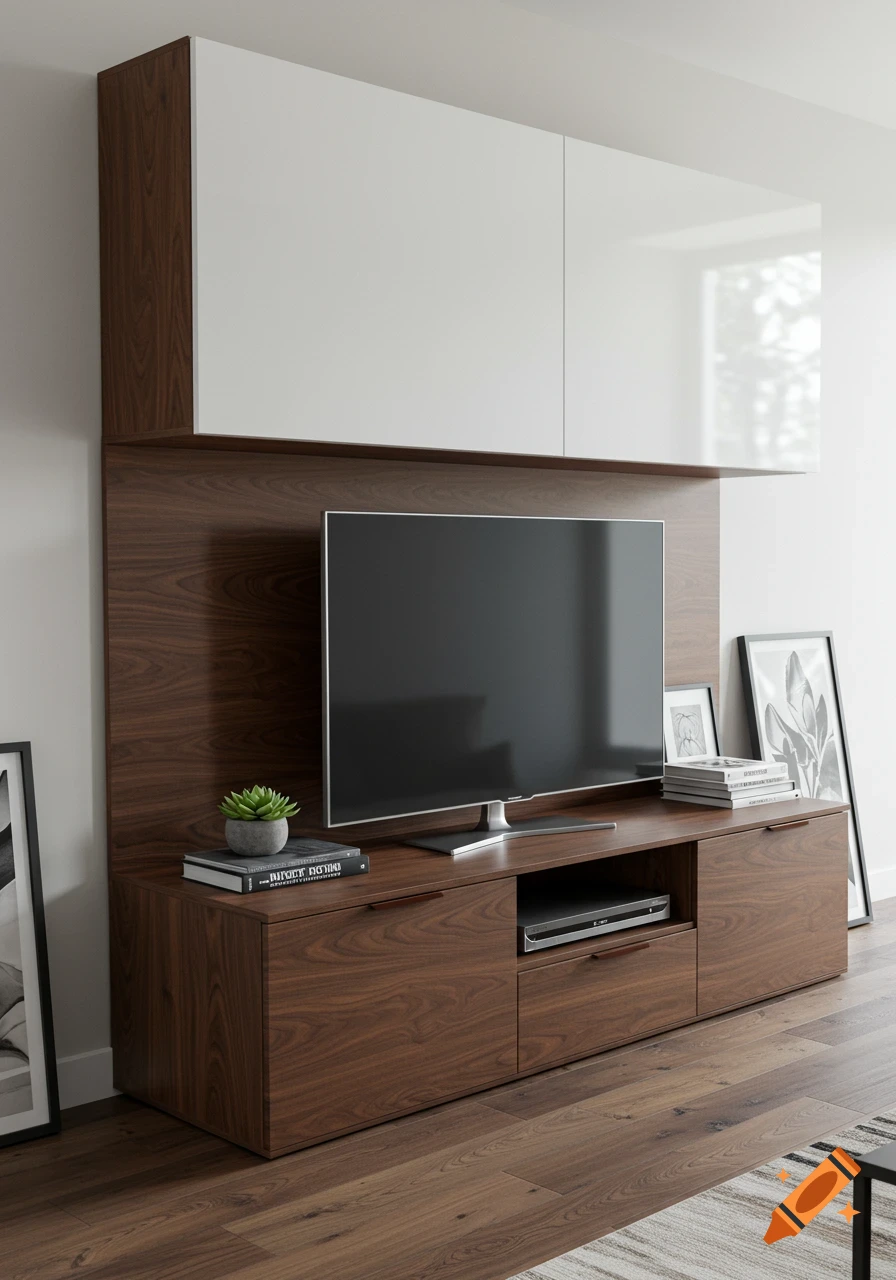 A modern TV stand made of dark wood with a large television, white overhead cabinets, and decorative items in a living room.