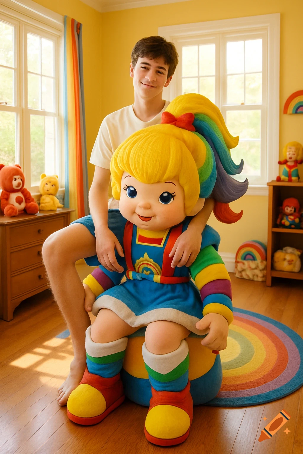 A teenage boy sits on a large Rainbow Brite mascot doll in a bright, colorful room with a rainbow rug, photorealistic.