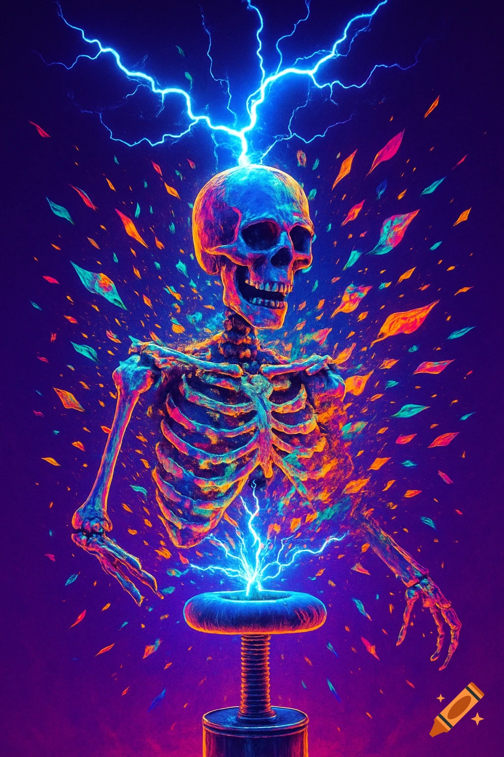 A vibrant, psychedelic skeleton disintegrating from a tesla coil, with colorful energy shards and blue lightning on a purple background.