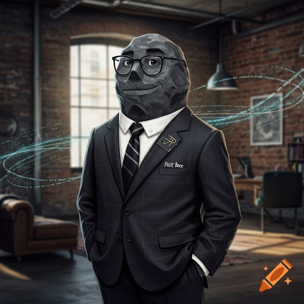 An illustrated character with a dark grey rock-like head, wearing a black suit, striped tie, and glasses, stands in an industrial-style office with swirling blue data lines around them.