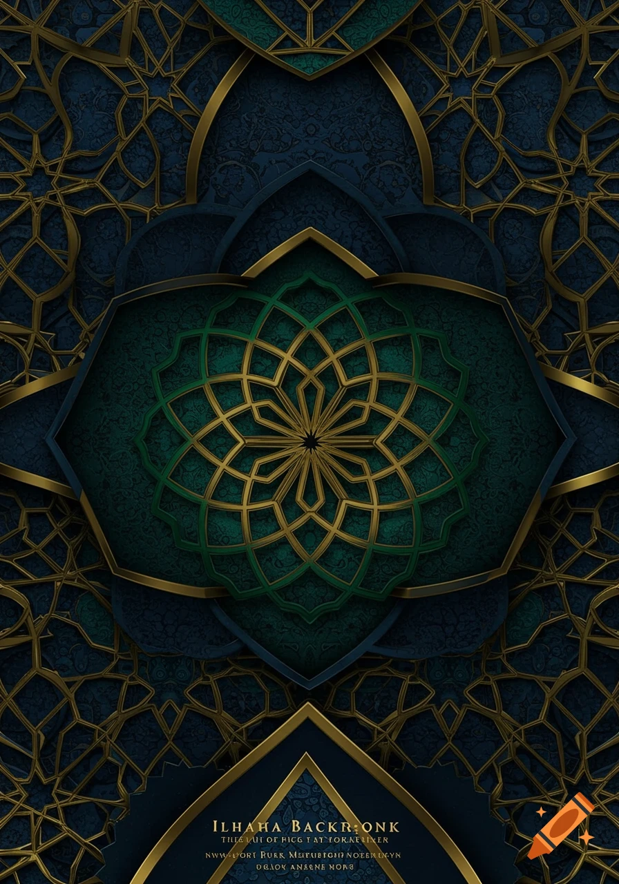 Intricate golden and green geometric Islamic patterns on a dark blue background.