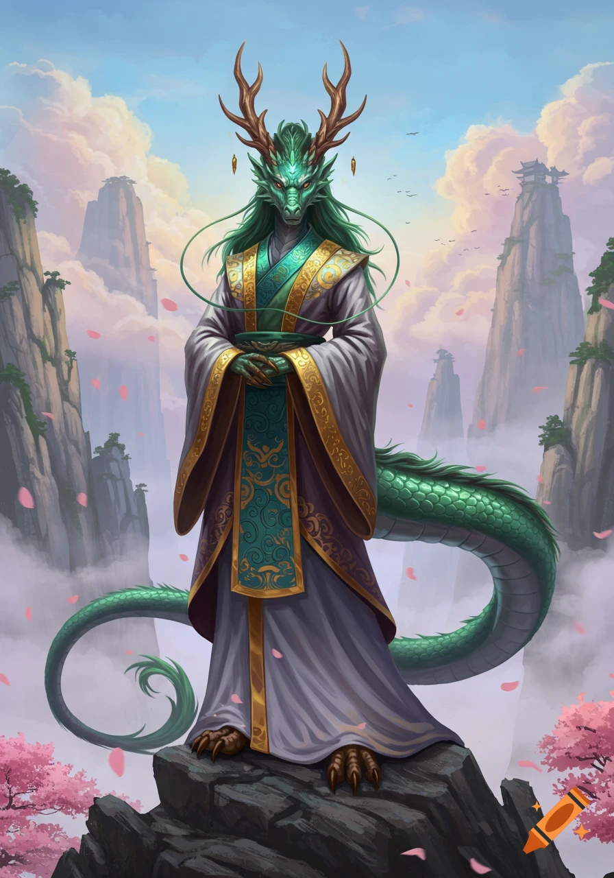 A majestic green dragonborn figure in traditional robes stands on a mountain peak with misty peaks and cherry blossoms.