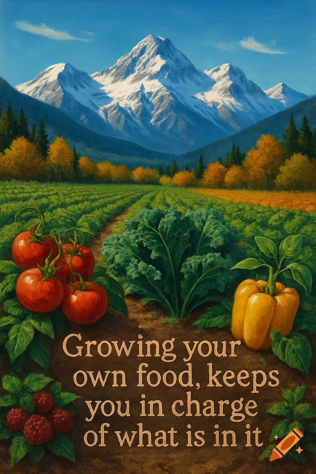 Vibrant painting of a farm field with tomatoes, kale, peppers, and raspberries in the foreground, rows of crops, golden trees, and snow-capped mountains under a blue sky, with text that reads "Growing your own food, keeps you in charge of what is in it."