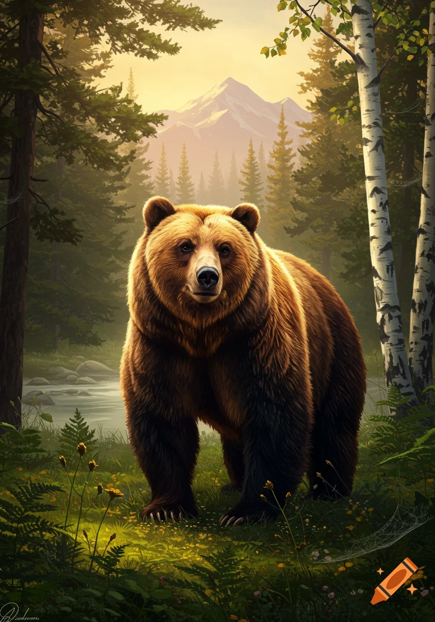 A large brown bear stands in a sunlit forest with a river and mountains in the background, illustrated in a realistic style.
