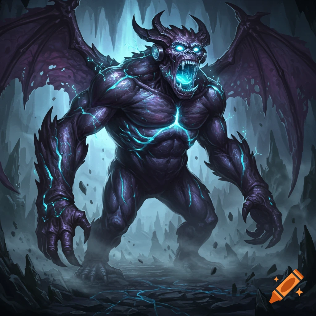 A towering, muscular, dark purple monster with glowing blue veins, bright blue eyes, large sharp teeth, and tattered bat wings stands in a dark cave.