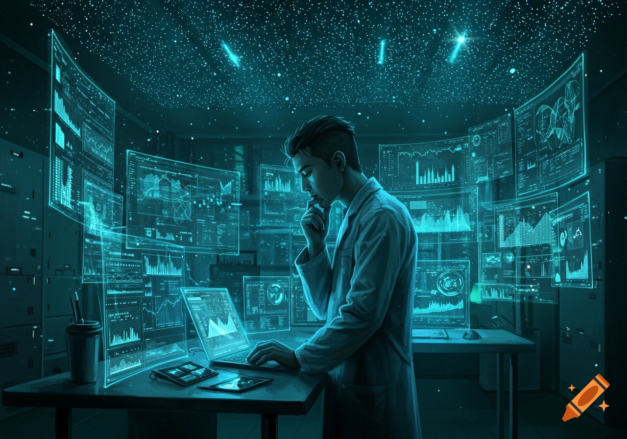 A computer scientist works on a laptop amidst glowing holographic data screens in a dark, futuristic lab.