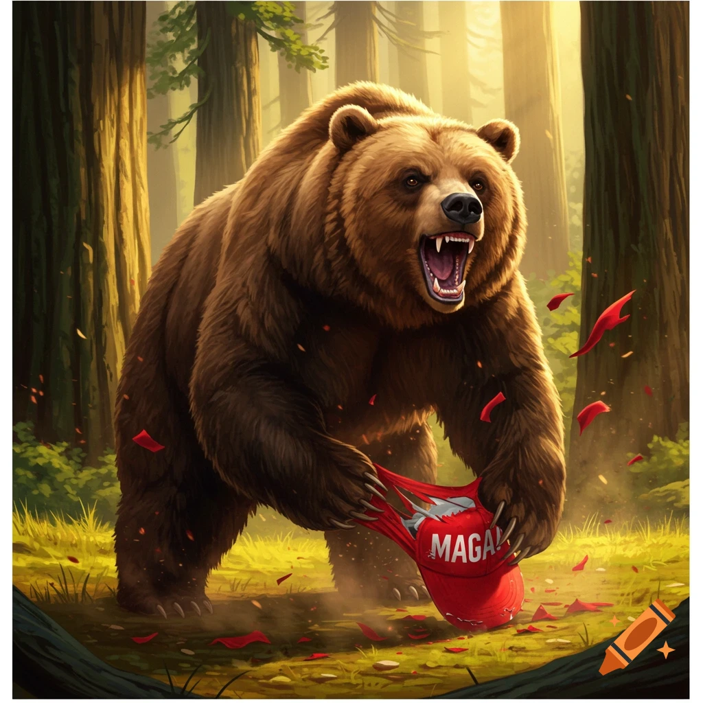 An angry brown bear with bared teeth tears apart a red hat with the word MAGA on it, standing in a sunlit forest.