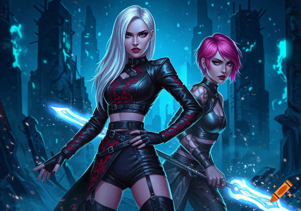 Digital art of two stylized women with glowing blue swords in a dark, futuristic city. One has white hair, the other pink.