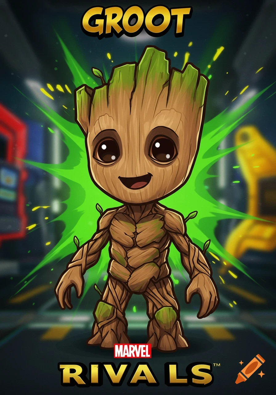A cartoon illustration of Baby Groot from Marvel, smiling with green leaves on his head and body, on a vibrant green and dark background.