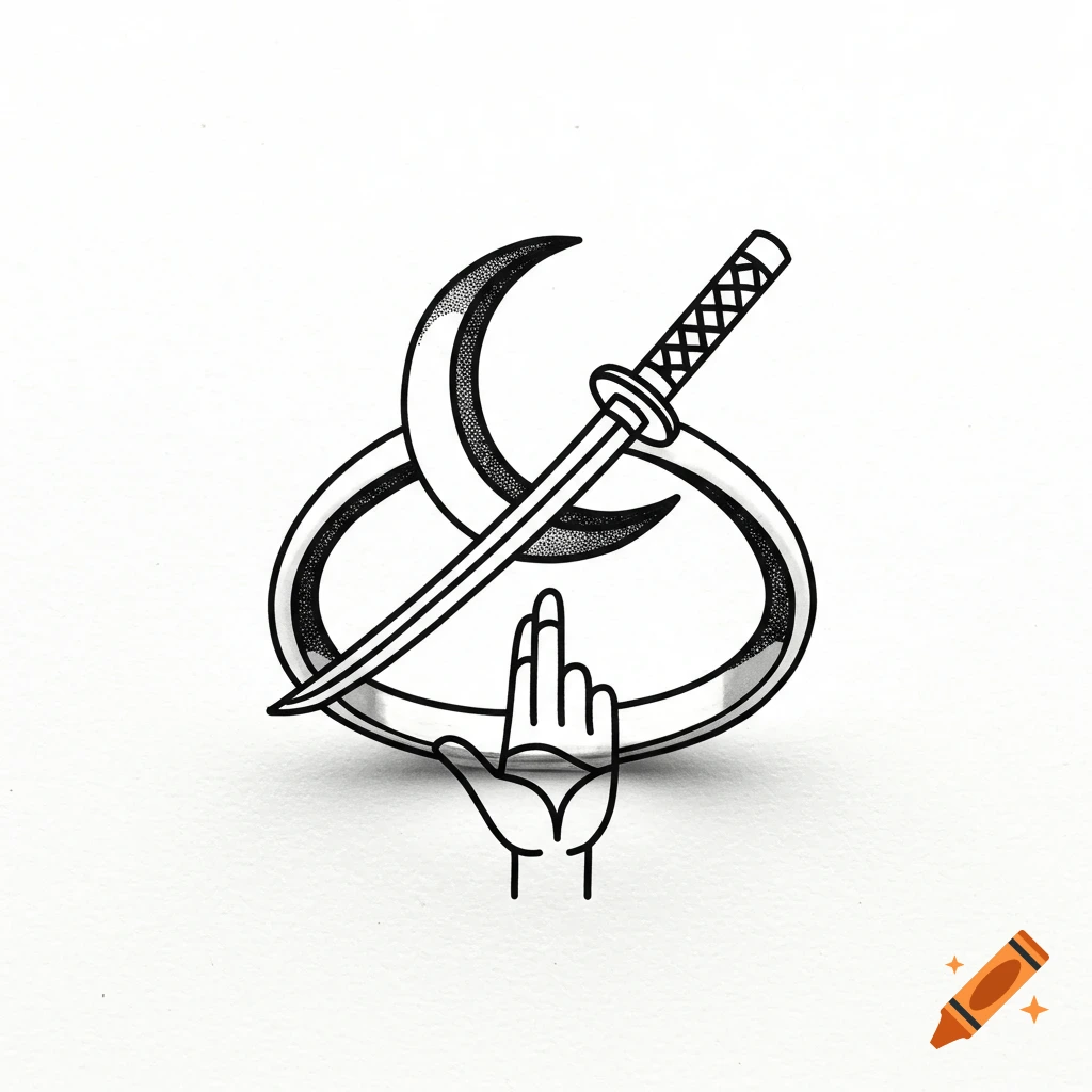 A minimalist black and white line art design featuring a katana sword intersecting a crescent moon, with a hand below pointing upwards.