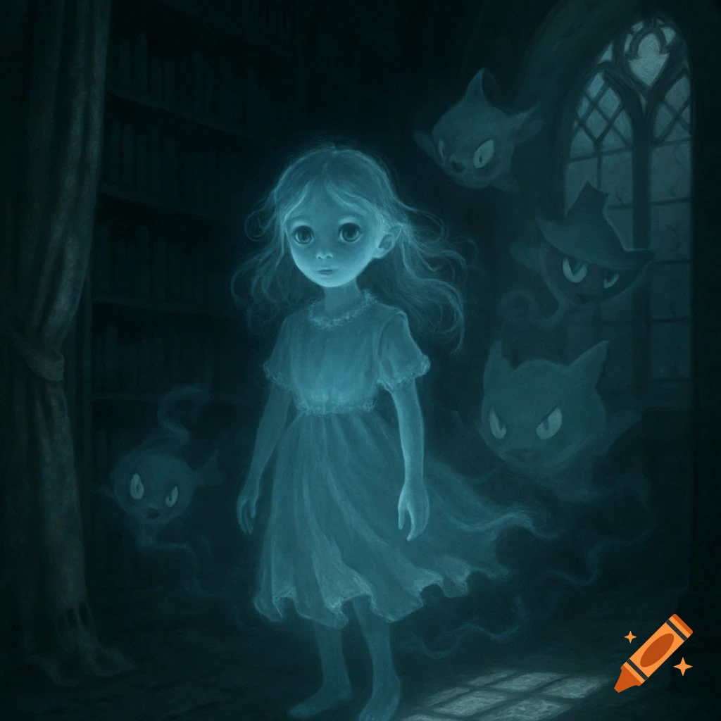 A translucent ghostly girl with long hair stands in a dark room with several glowing ghost-like figures, reminiscent of Pok escription: Ghostly young girl in a pale dress surrounded by five ethereal blue and white specters, with large eyes, one with a witch's hat, in a dark, shadowy room with a tall, gothic window and bookshelves in the background. She stands in a pool of light on a tiled floor, radiating a pale blue glow.