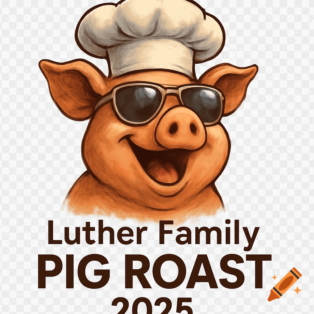 Cartoon pig wearing a chef hat and sunglasses, with 'Luther Family PIG ROAST 2025' text.