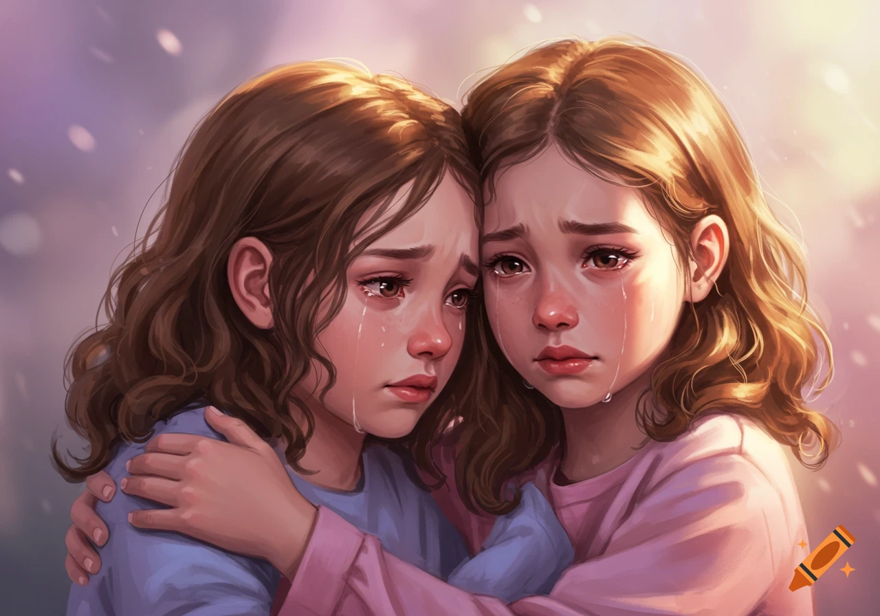 Two young girls with brown hair, in a digital painting style, are crying and embracing each other.